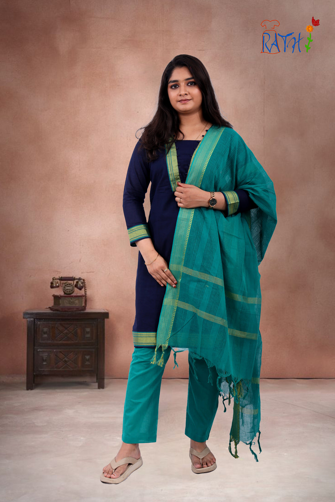 Teal-Navy Cotton Blend Kurti Set