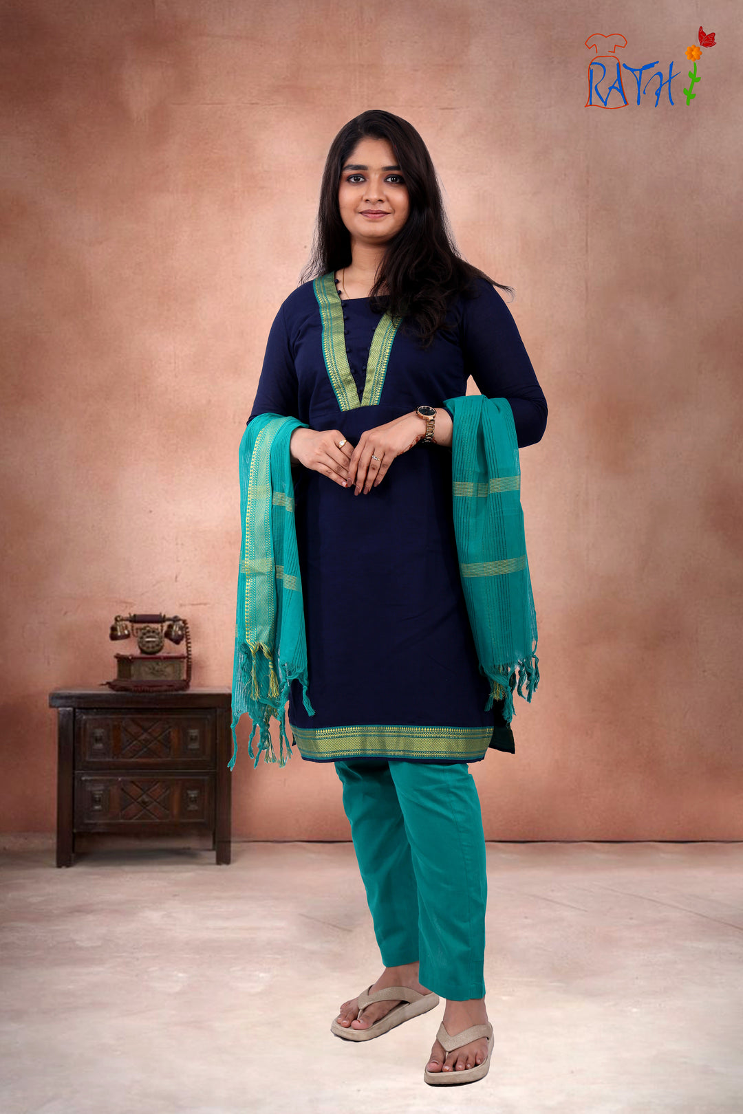 Teal-Navy Cotton Blend Kurti Set