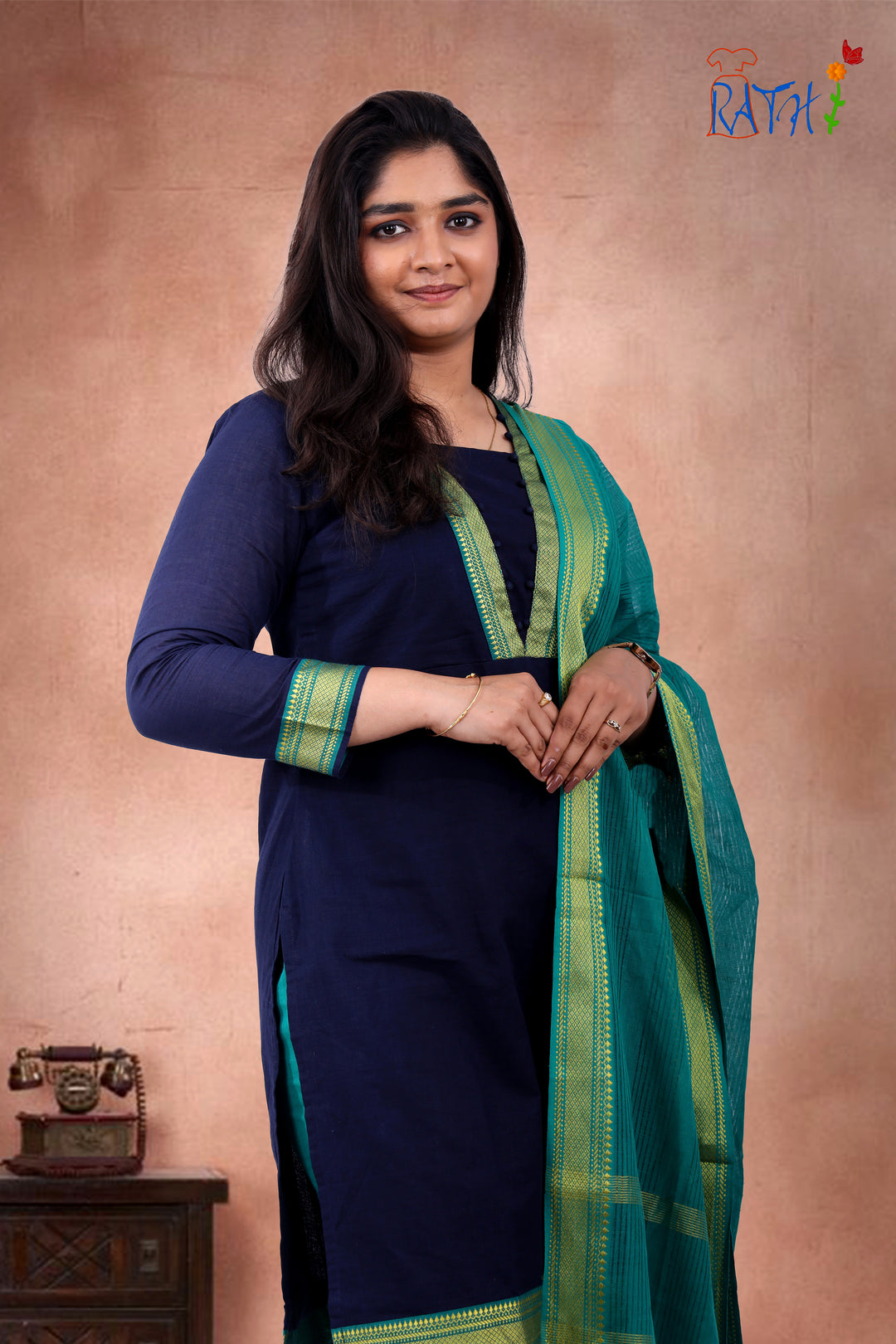 Teal-Navy Cotton Blend Kurti Set