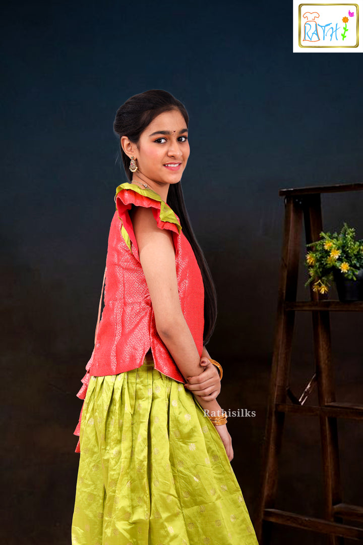 Vibrant Red & Lime Green Brocade Pavadai Sattai