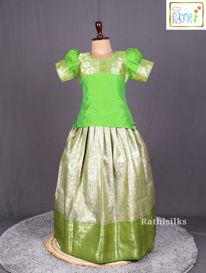 Green Blouse with Silver Zari Woven Art Silk Pavadai Set