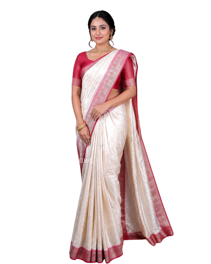 Cream & Maroon Banarasi Soft Silk Saree