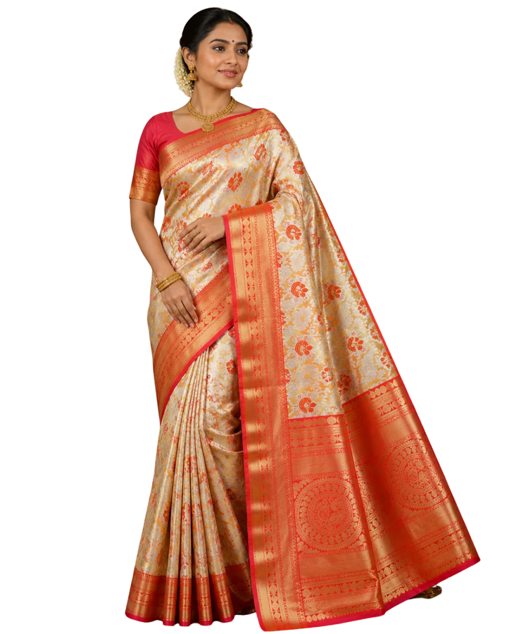 Art Silk Saree – beige with red & gold | Rathi Silks, Salem