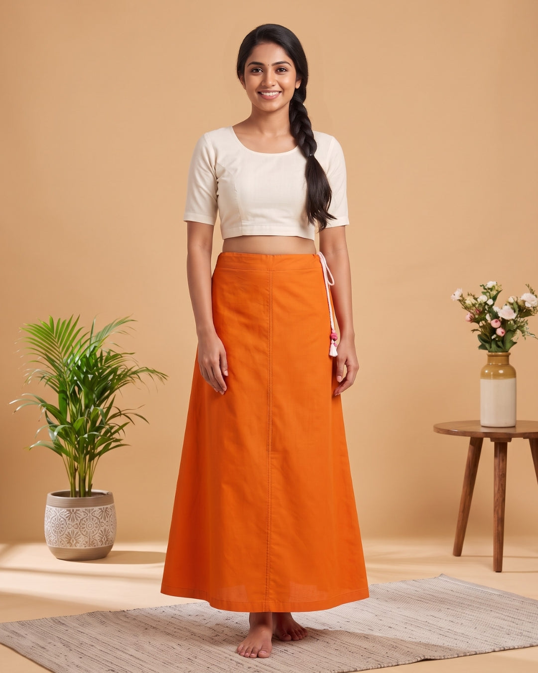 Orange cotton saree petticoat, model with background #colour_orange