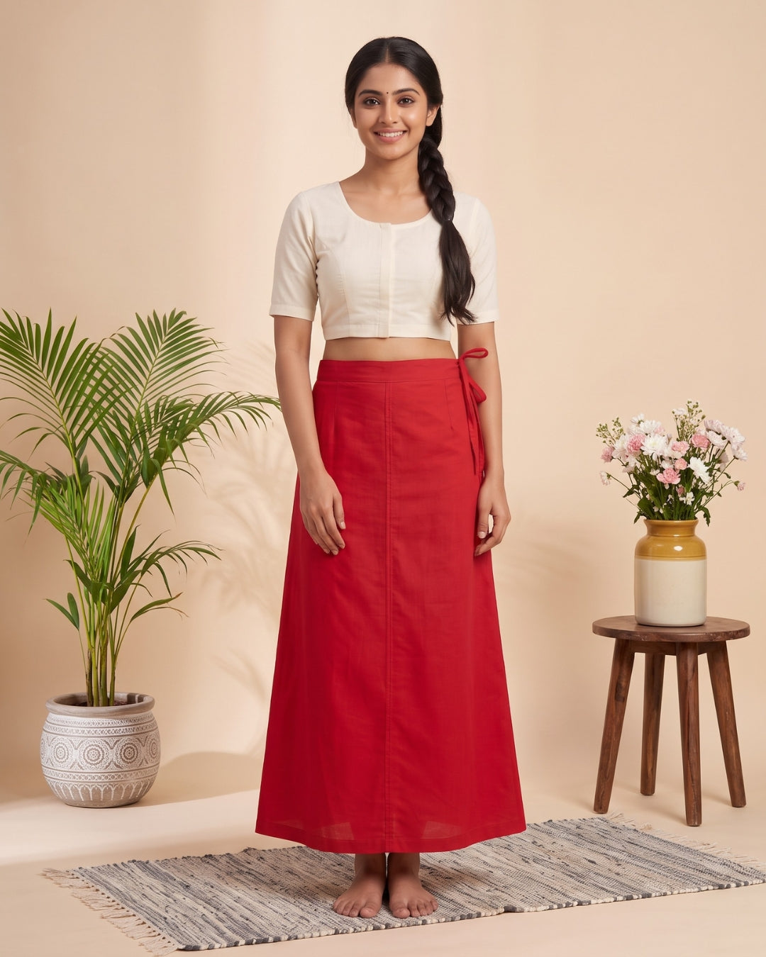Red cotton saree petticoat, model with background #colour_red
