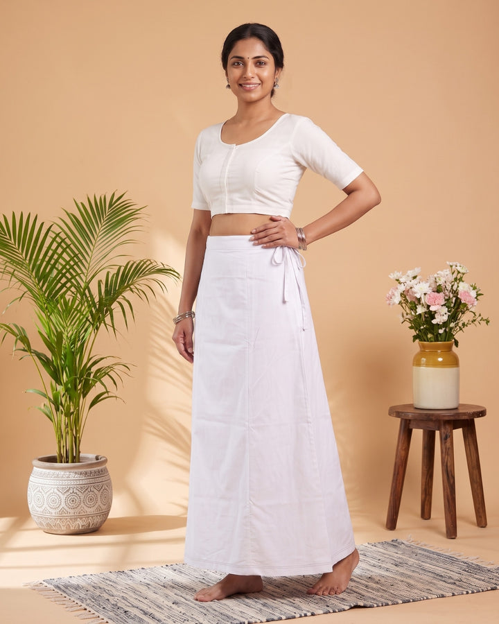 White cotton saree petticoat, model with background #colour_white