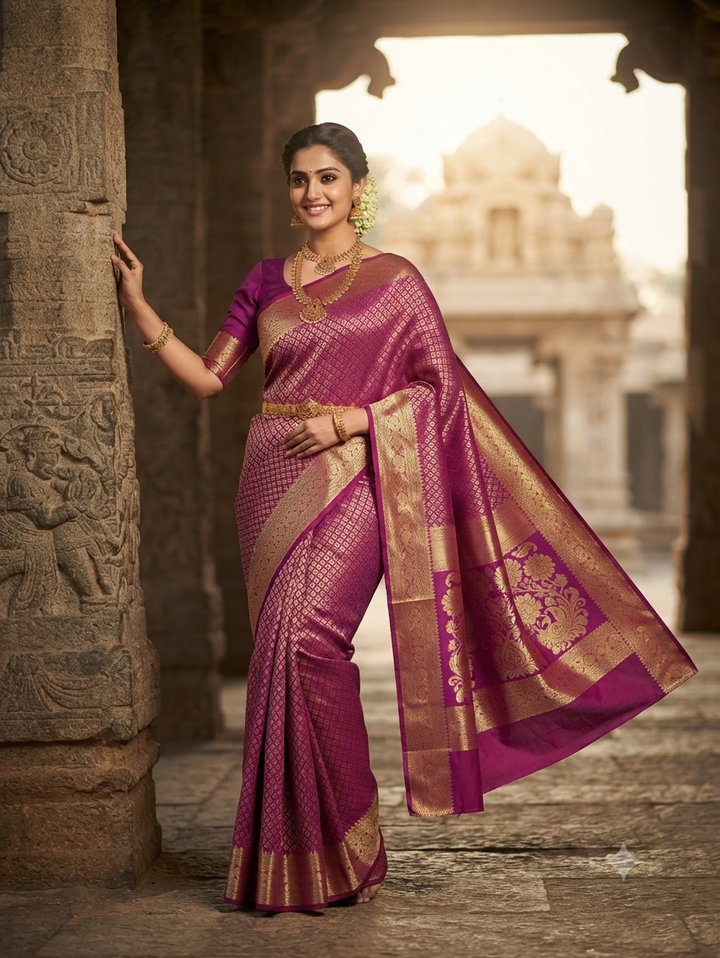 Art Saree Indu – Royal Purple Floral Brocade Art Silk Saree with Rich Gold Zari Border