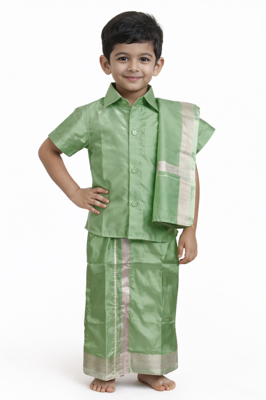 Sanjay — boys' green art silk dhoti set with shirt and angavastram | Rathi Silks, Salem