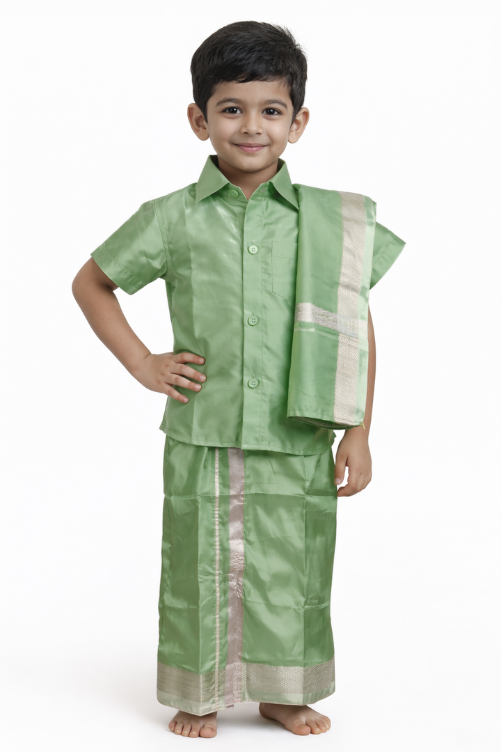 Sanjay — boys' green art silk dhoti set with shirt and angavastram | Rathi Silks, Salem