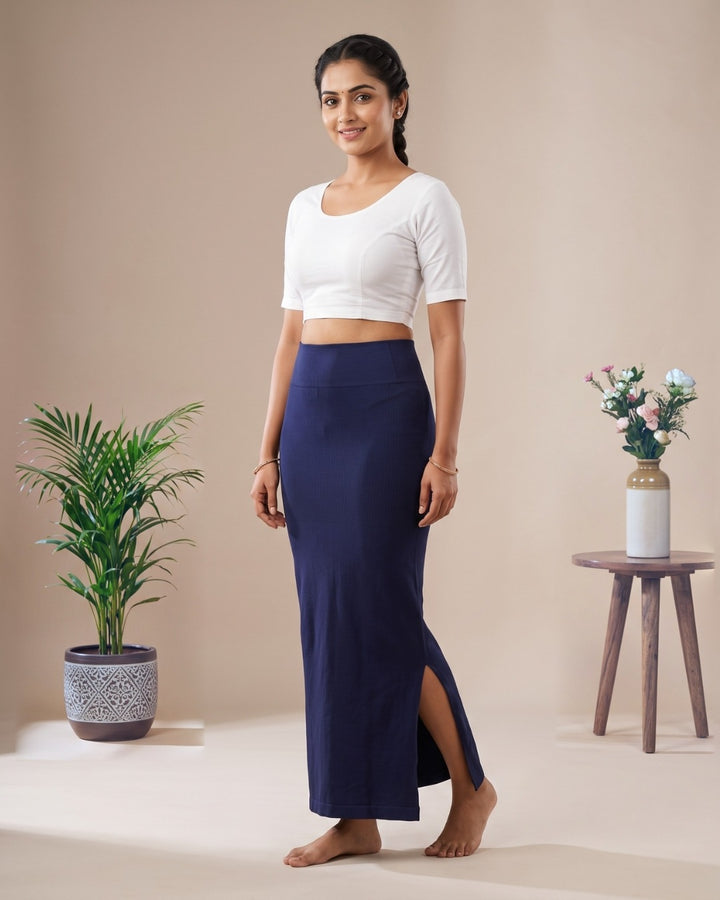 Navy fish-cut saree shapewear, model with background #colour_navy